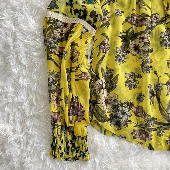 Anthropologie Varun Bahl Vibrant Yellow Floral Neck Tie Blouse Women’s Small - Picture 7 of 8